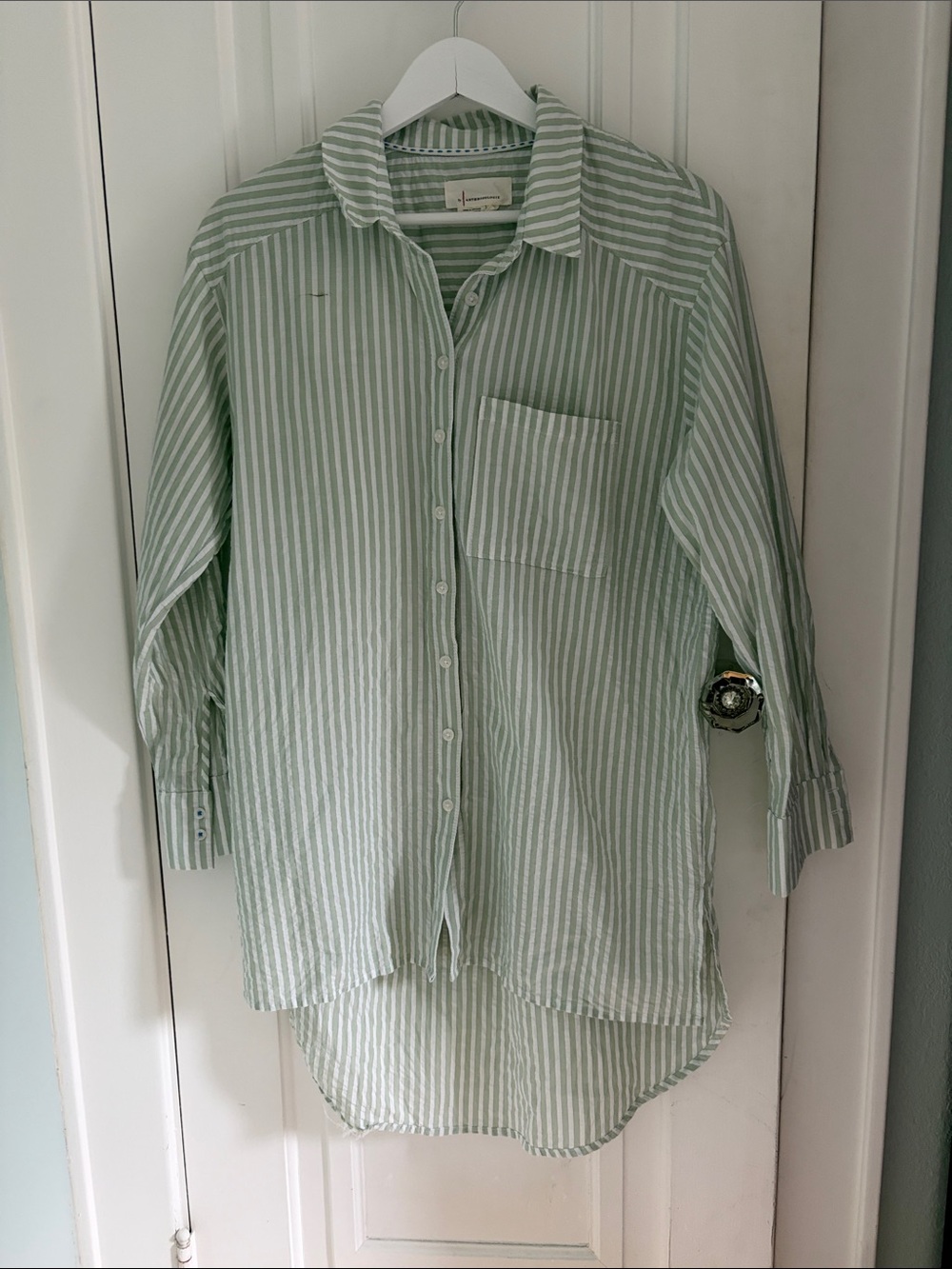 Anthropologie • Green and White Striped Buttondown Top (Size S)